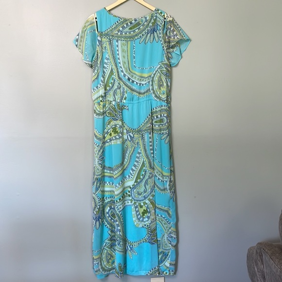 Chicos Blue Green and White Paisley Cold‎ Shoulder Modest Maxi Dress Size 2 or M - Picture 7 of 15